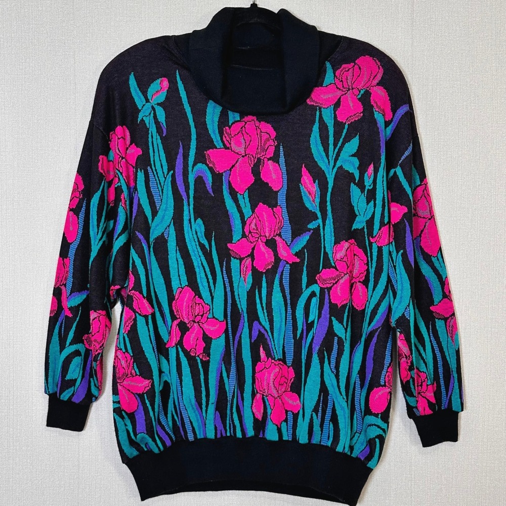 Vintage 80s Floral Iris Turtleneck Sweater Pink Teal Black Womens 2X